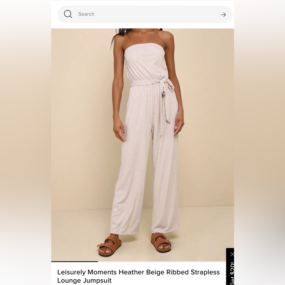 Lulus Leisurely Moments Heather Beige Ribbed Strapless Lounge Jumpsuit!